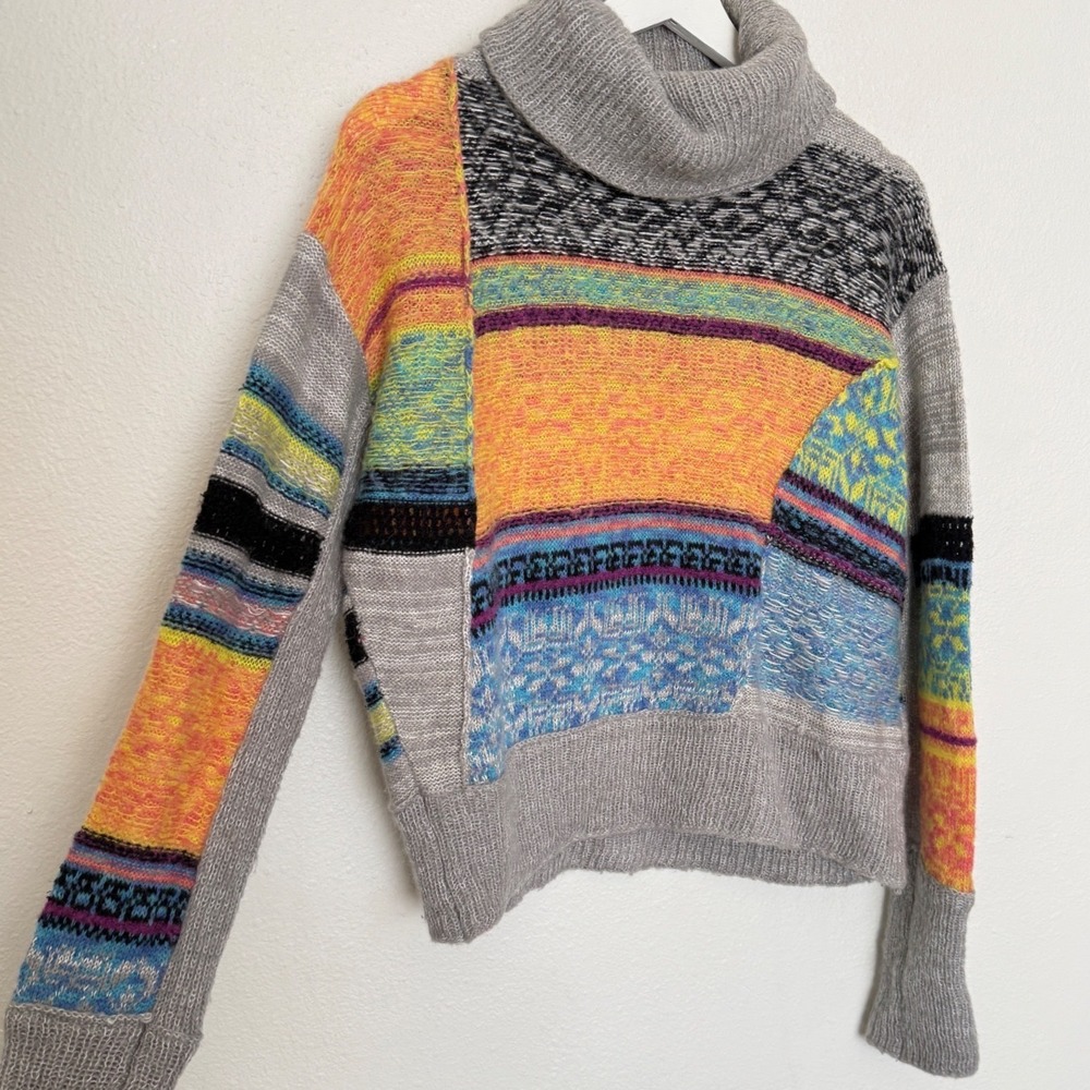 Free People This and That Patchwork Turtleneck Wool Mohair Alpaca Sweater S